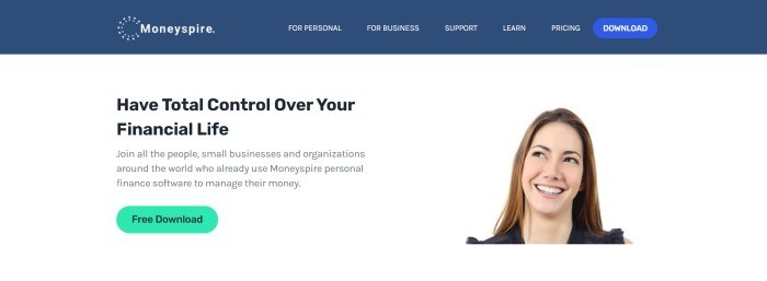 This screenshot of the home page for Moneyspire has a blue navigation bar with a lighter blue call to action button above a white main section with black text and a green call to action button on the left side of the page and a shoulders-up photo of a smiling woman with brown hair on the right side of the page.