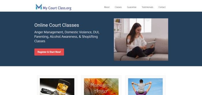 This screenshot of the home page for My Court Class has a white navigation bar with a blue logo above a navy blue main section with a photo of a smiling woman holding a laptop on the right side of the page and a text section with white text on the left side of the page, along with a red call to action button.