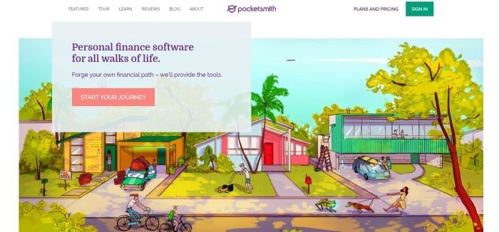 This screenshot of the home page for PocketSmith has a white navigation bar with a green call to action button above a graphic arts image of a neighborhood, behind a translucent white text box with purple text and a red call to action button.