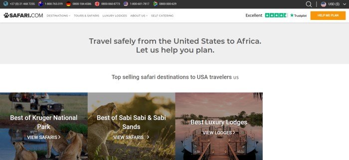 This screenshot of the home page for Safari.com has a black header, a white navigation bar, a gray text section, and a white text section above a row of photos of destinations with white text describing what they are.