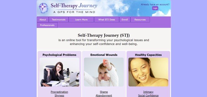 This screenshot of the home page for Self-Therapy Journey has a lavender background and purple elements throughout the page, including in the navigation bar, with a white main section that includes black text and a row of photos with lavender backgrounds and black text representing different components of Self-Therapy Journey.