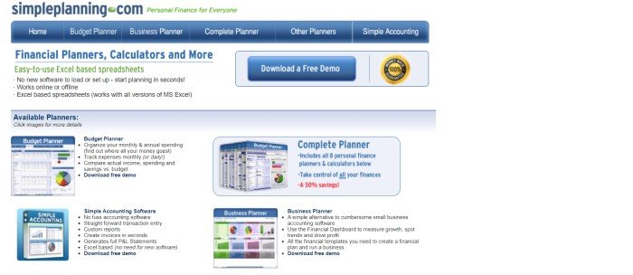 This screenshot of the home page for Simple planning has blue and green text on a white background throughout most of the page, as well as a blue navigation bar, a blue call to action button, and a blue product section near the bottom of the page that shows four types of software packaging with descriptive text beside it.