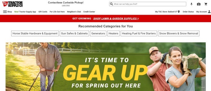 This screenshot of the home page for Tractor Supply has a white navigation and search bar, a red announcement bar, a white secondary navigation bar, and a photo of a man mowing a green lawn on the left side of the page, a photo of a man and a woman carrying a beam on the right side of the page, and a green announcement section with white and yellow text in the center of the page.