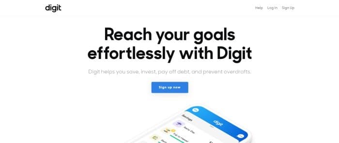 This screenshot of the home page for digit has a white header and background with black text, along with a blue call to action button and an image showing digit's interface on the screen of a mobile phone.