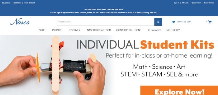 This screenshot of the home page for eNasco has a blue header with white text, a white search and navigation bar, and a light gray main section with black and orange text, along with a photo of the hands of a student building a science project.