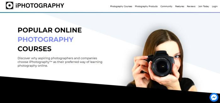 This screenshot of the home page for iPhotography has a white navigation bar, a blue accent line, and a white and gray background with a photo of a smiling brunette woman using a camera on the right side of the page and text in black and blue on the right side of the page, above a black slanted section at the bottom of the page.