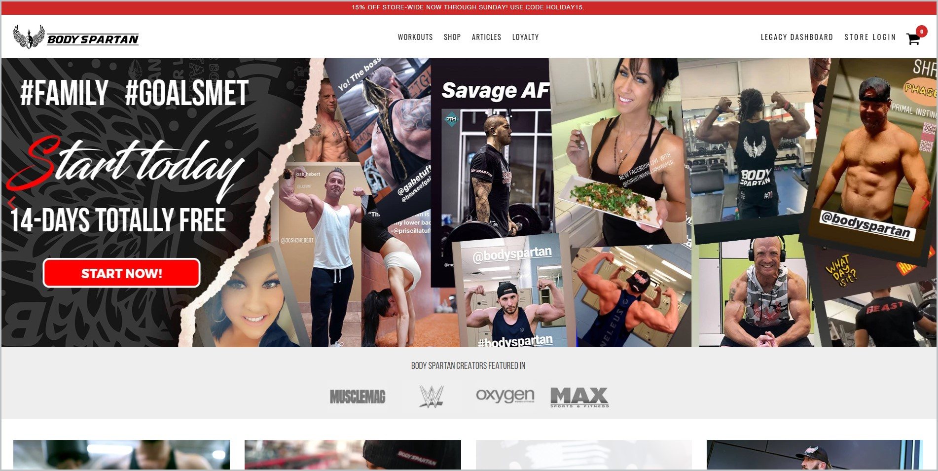 screenshot of Body Spartan  homepage, with red announcement bar, white header with the website's name and main navigation menu, it features images of men and women working out