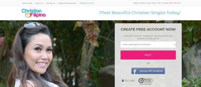 This screenshot of the home page for Christian Filipina has a gray navigation bar, a white announcement bar with blue and pink text, a photo of a smiling beautiful woman, and a gray opt in box with a pink call to action button and a blue button for signing up through Facebook.