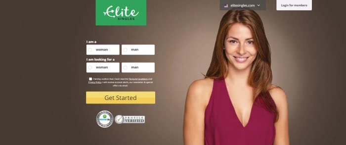 This screenshot of the home page for Elite Singles has a photo with a brown background and a smiling brunette woman with brown eyes and a maroon shirt with a V-neck, along with the green Elite Singles logo and a search area with a yellow call-to-action button.