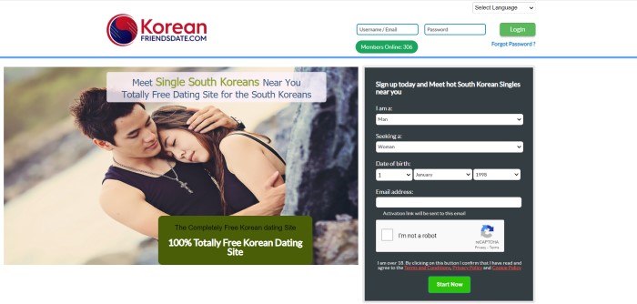 This screenshot of the home page for KoreanfriendsDate.com has a white header with a blue and red logo, a green call to action button, a black search window, and a photo of an Asian man and woman in black tank tops hugging.