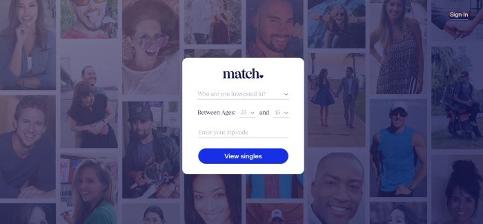 This screenshot of the home page for Match.com has a dark-filtered collage of photos of single people behind a white opt-in box with a blue call to action button.