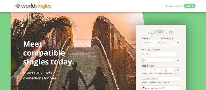 This screenshot of the home page for Word Singles shows a man and a woman holding hands, preparing to cross an arched bridge near a beach at sunset, along with white text and a beige box for opting into the program.