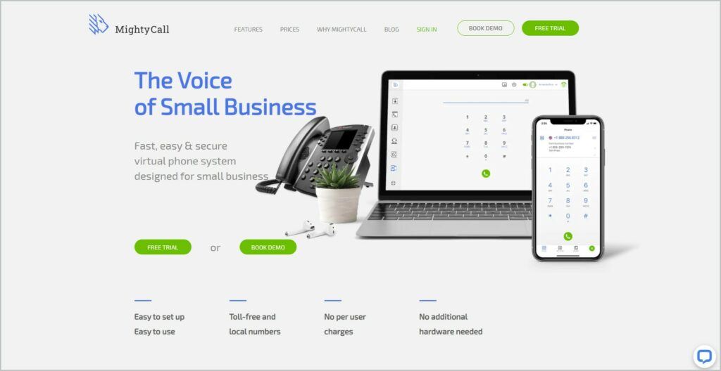 MightyCall screenshot of MightyCall homepage with grey header bearing the website's name and main navigation menu, it showcases a picture of a mobile phone, laptop, and landline phone