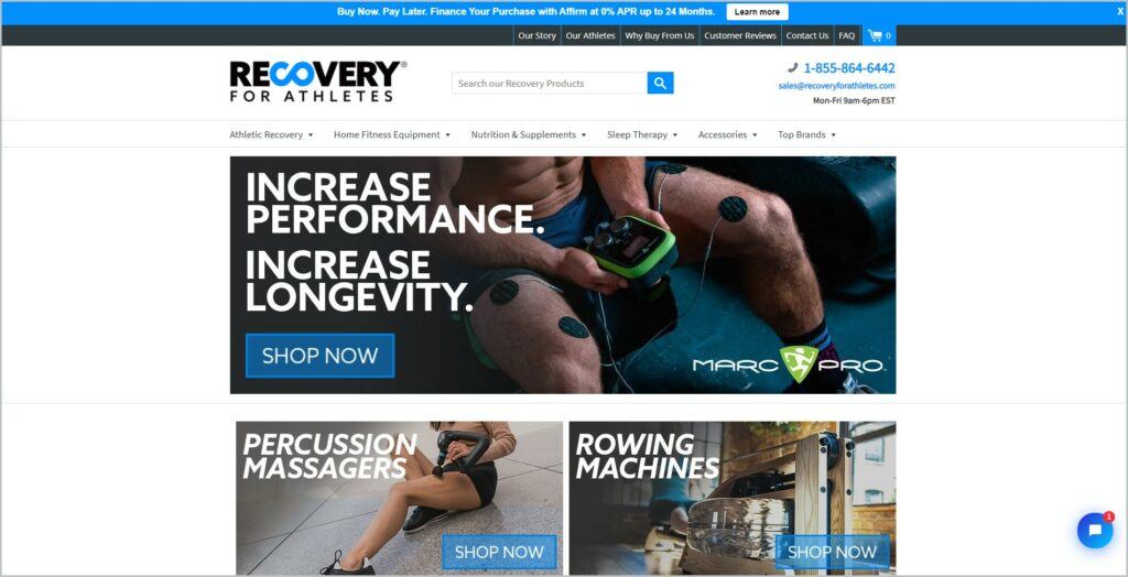 screenshot of Recovery for Athletes homepage, with white header with the website's name and the main navigation bar underneath it, it showcases a close up image of a man and woman in mid workout