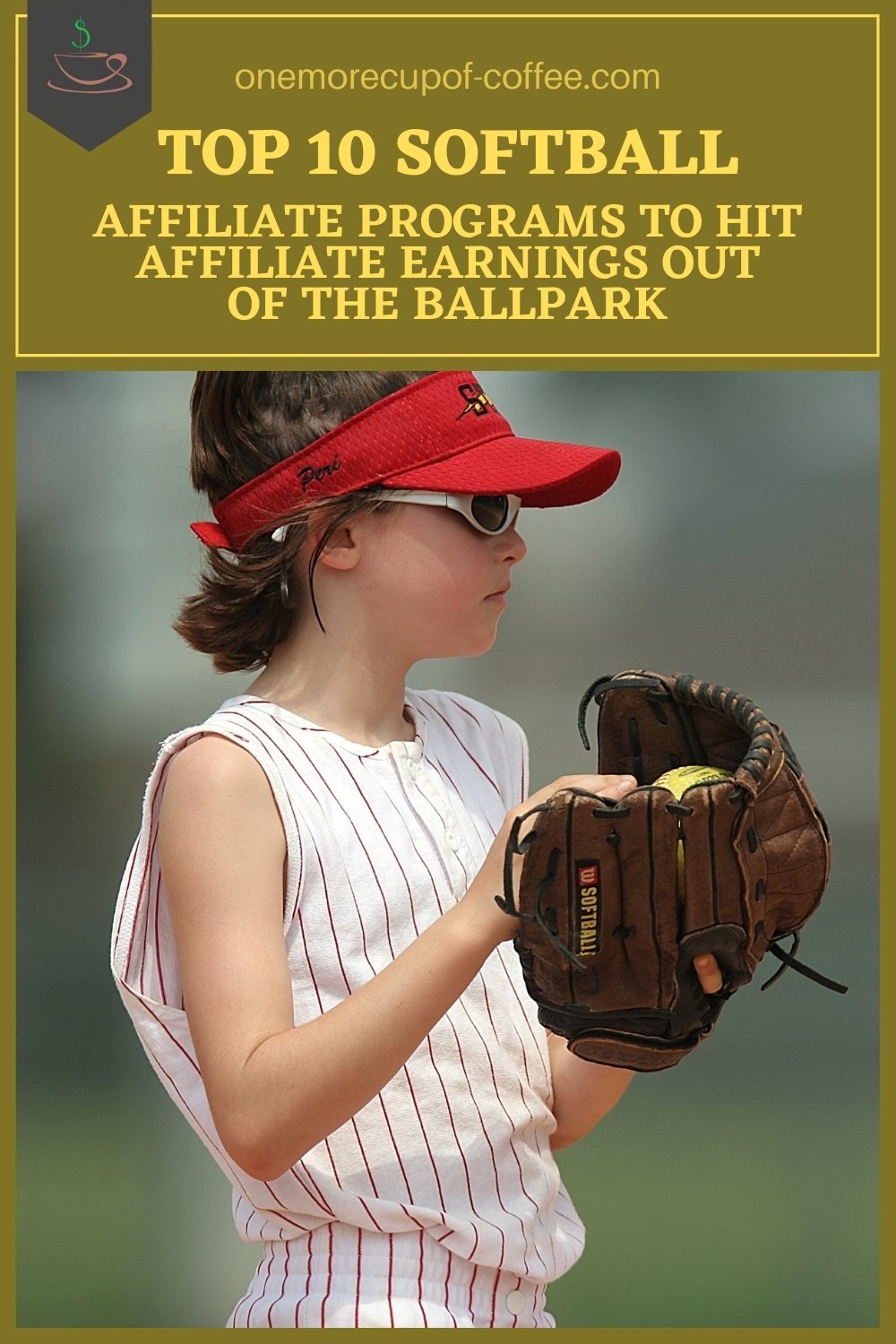 a young female softball player wearing a striped red and white uniform, ready to pitch with her hand glove and softball , with text at the top on olive green background "Top 10 Softball Affiliate Programs To Hit Affiliate Earnings Out Of The Ballpark"