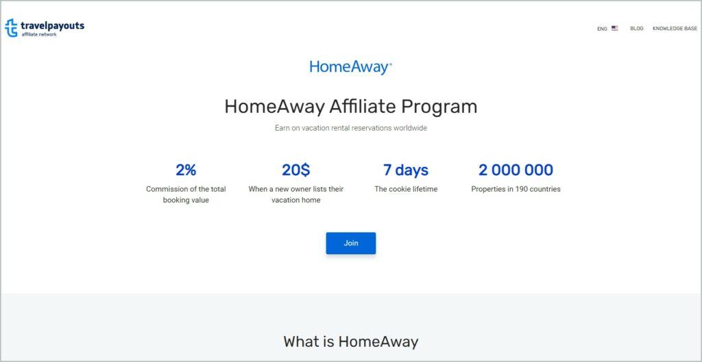 screenshot of travelpayouts affiliate network showing the HomeAway affiliate program