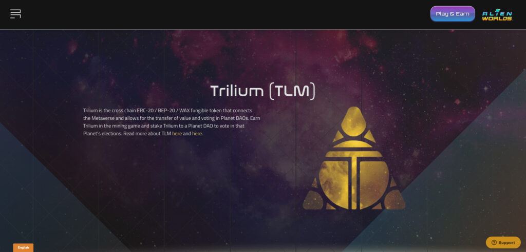 Alien Worlds NFT game home page with Trilium ERC-20 token 