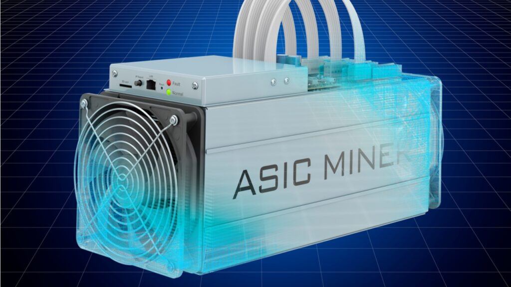 Bitcoin ASIC Miner With Blue Grid Background