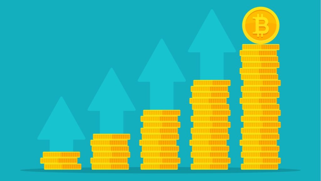 gold bitcoins being stacked in progressively higher piles with green arrows pointing up