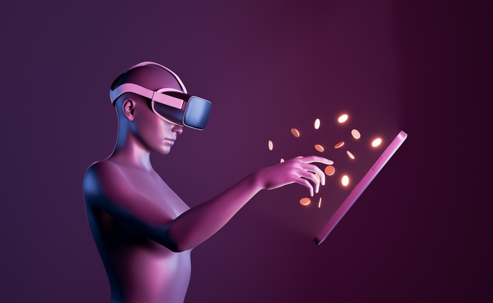 digital render of featureless human with VR goggles in metaverse extracting coins from ipad