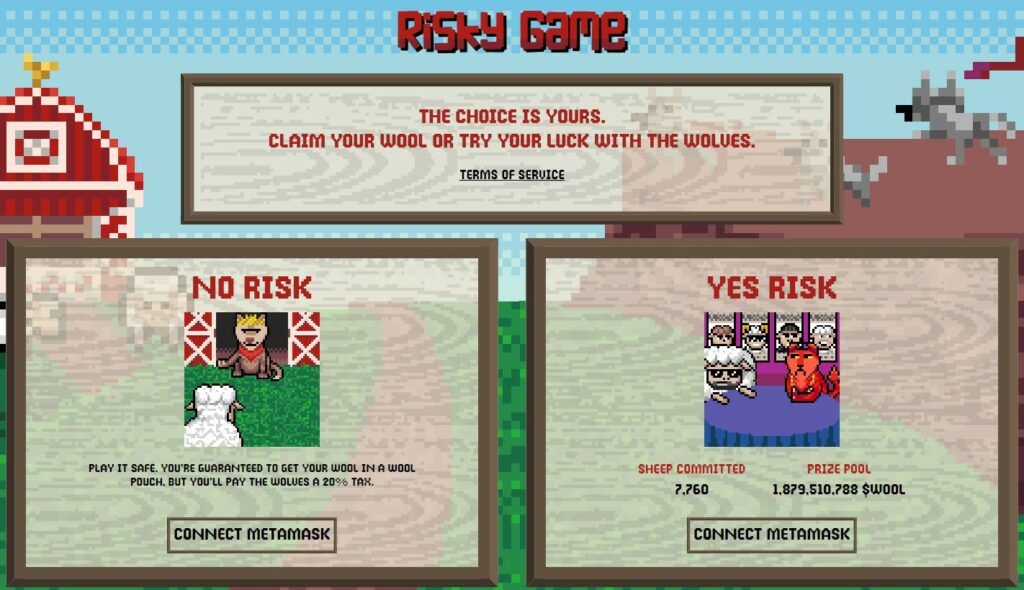 Screen where the player chooses to either play risky game or non-risky game in Wolf Game