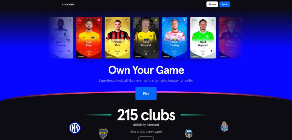 Sorare game home page showing sports players from world wide clubs