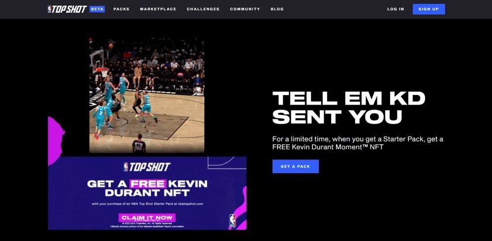 Home page advertising NFTs on the NBA Top Shot NFT platform. 