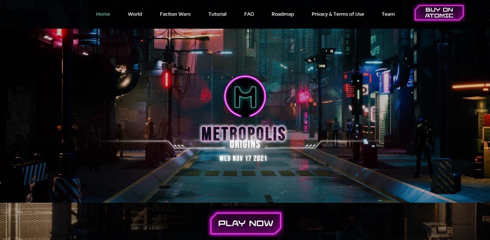 Site logo for the Metropolis Origins NFT card trading game