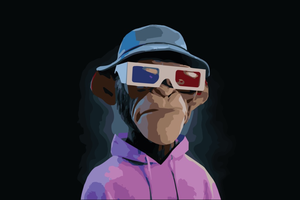 realistic digital sketch of monkey in a hat with 3d glasses