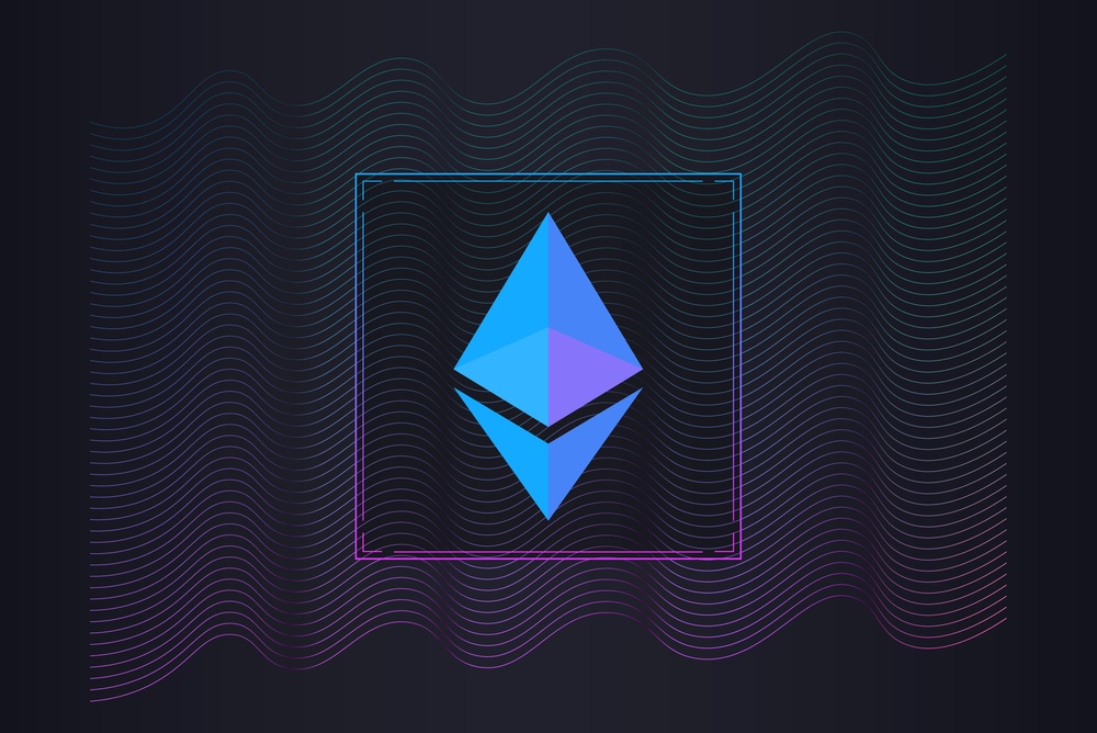 line art with gradient green to blue and purple color with solid blue ethereum logo in center