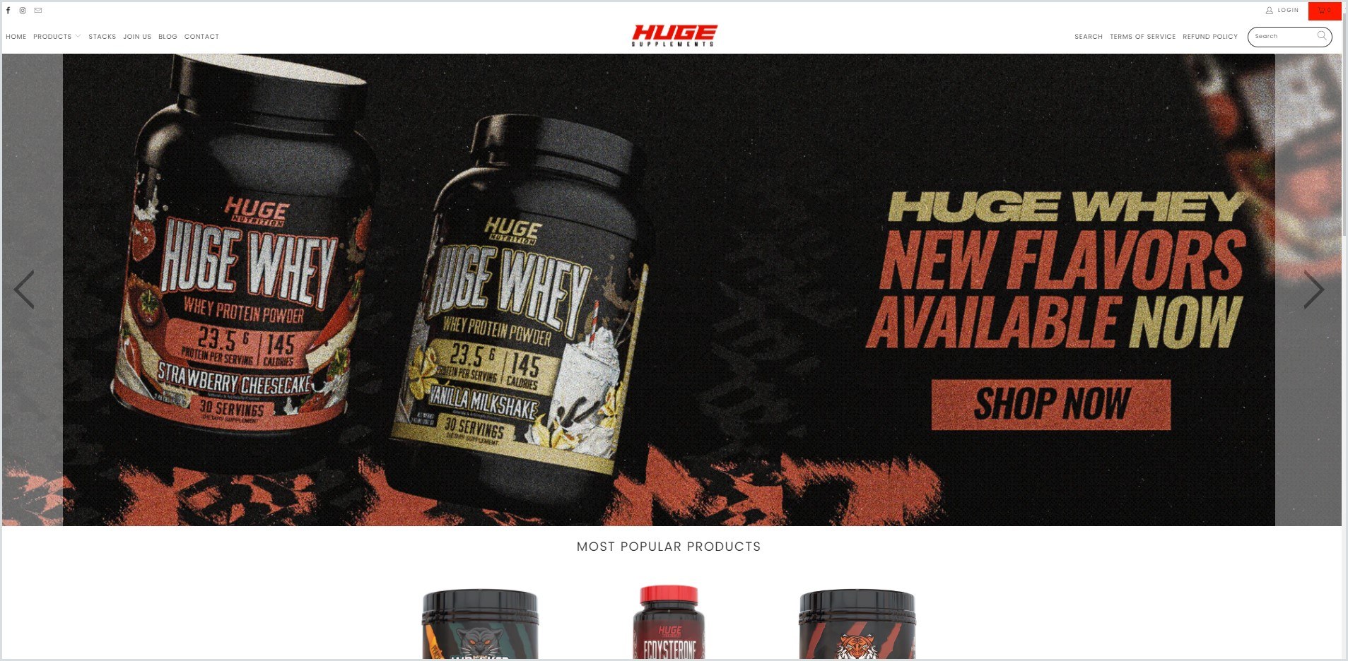 screenshot of HugeSupplements homepage