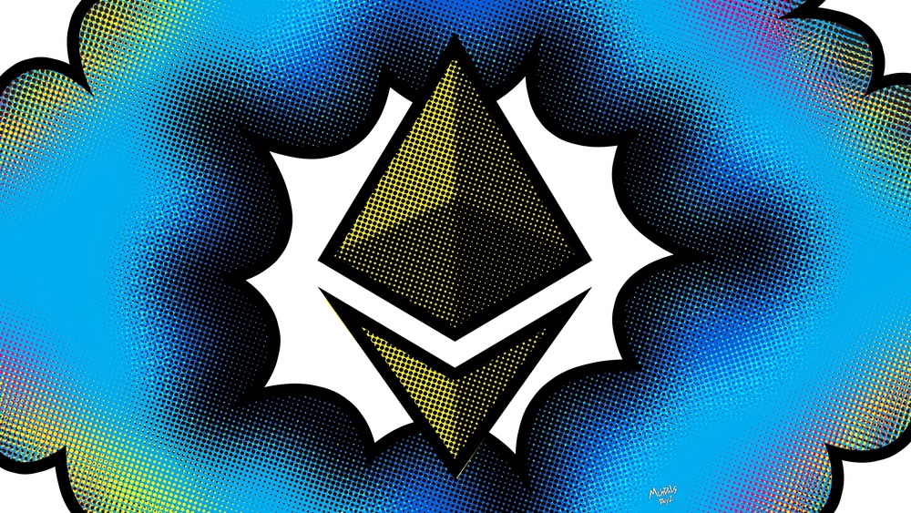 blue black and green comic book explosion with ethereum logo