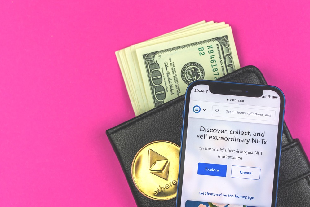 opensea mobile app sitting on wallet full of 0 bills cash with ether coin