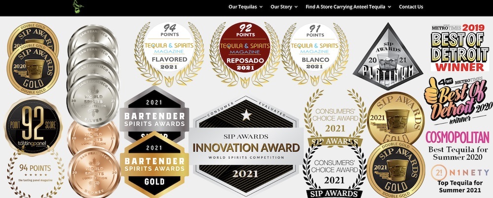 Anteel Tequila's website features images of its various awards. 