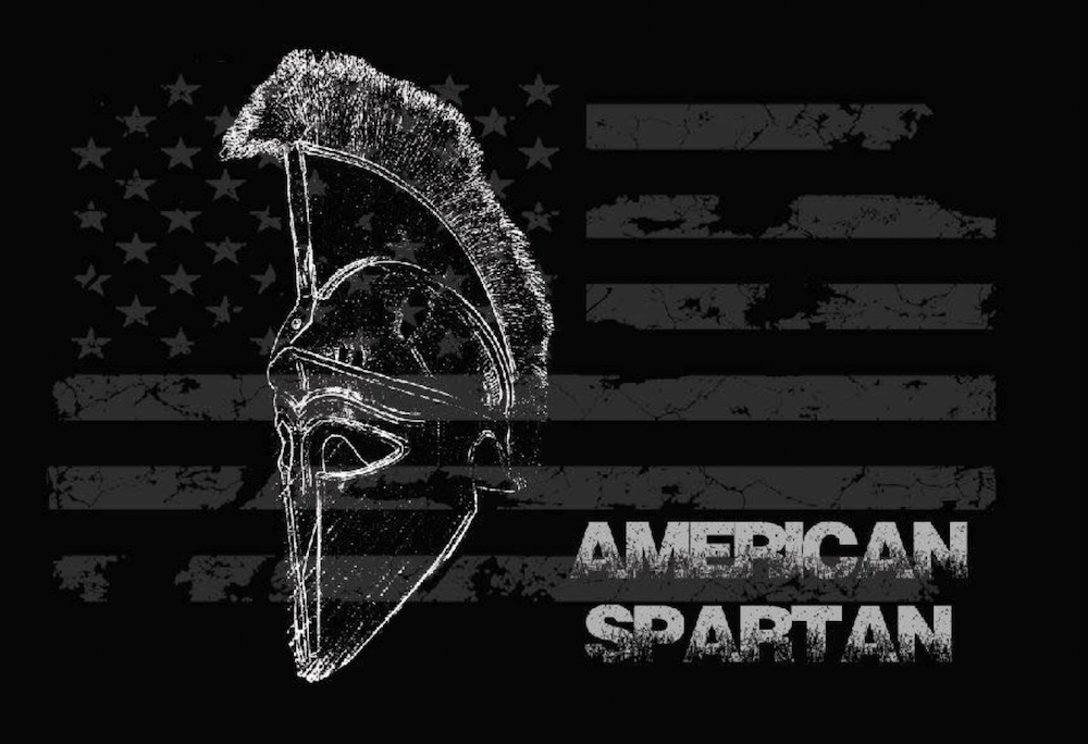 A sketch of a Spartan helmet against the background of a blackout American flag, and written in the bottom right corner are the words "American Spartan."
