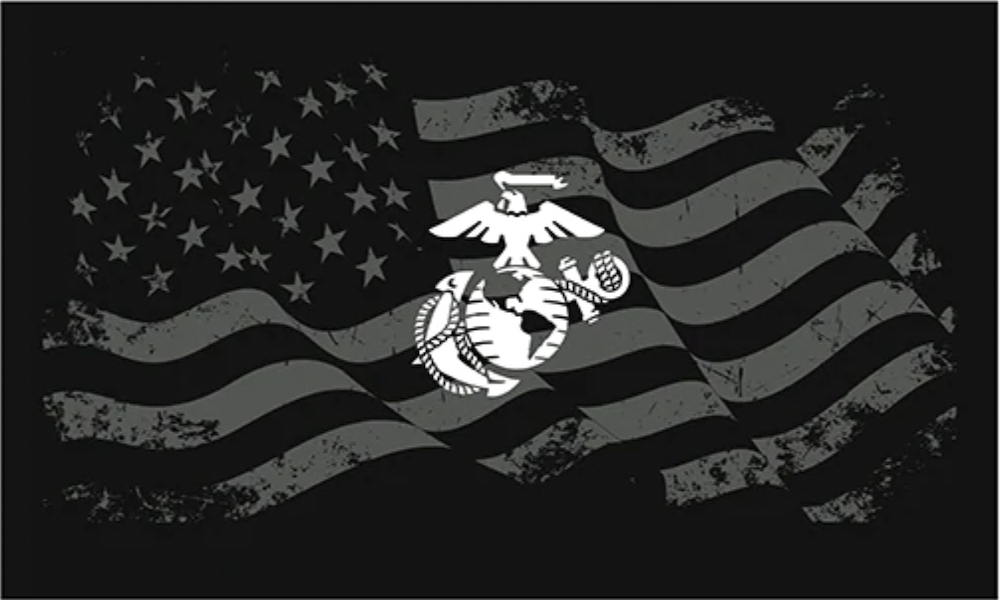 The symbol of the Marine Corps, a white globe and anchor with an eagle astride it, sits on top of a blacked-out American flag. 