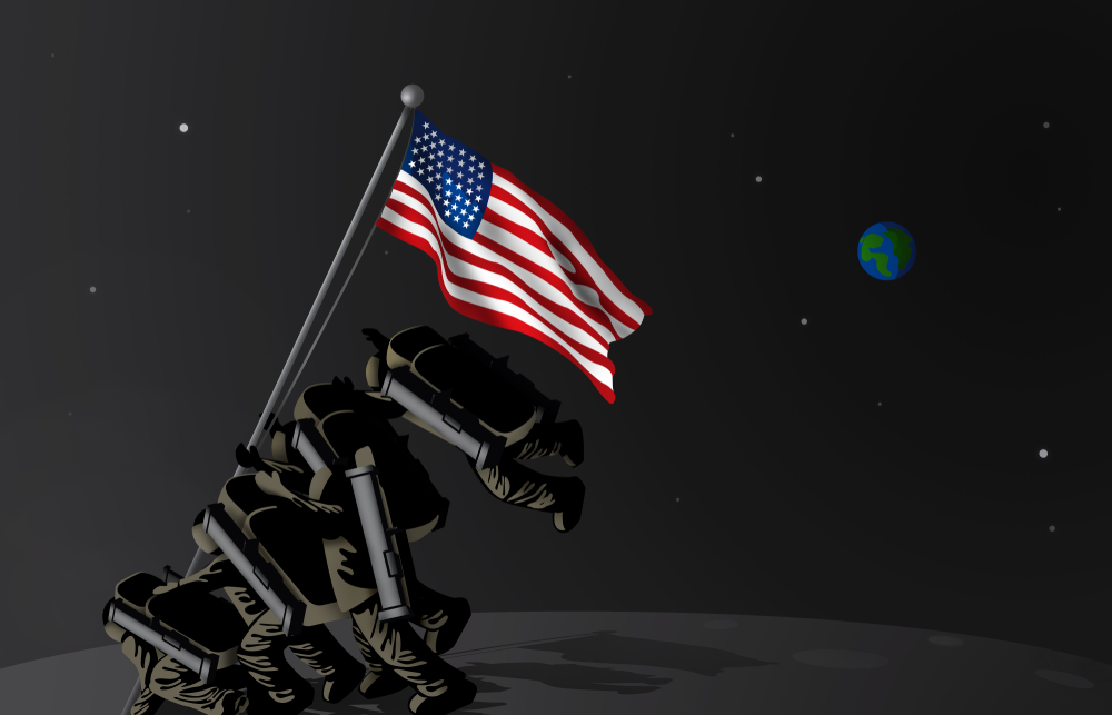 Four animated space men hoist up and American flag like the classic photo from Iwo Jima. 