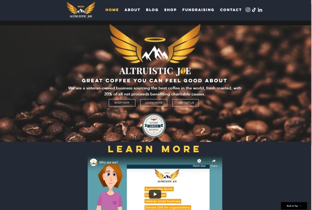 Altruistic Joe Coffee homepage screenshot