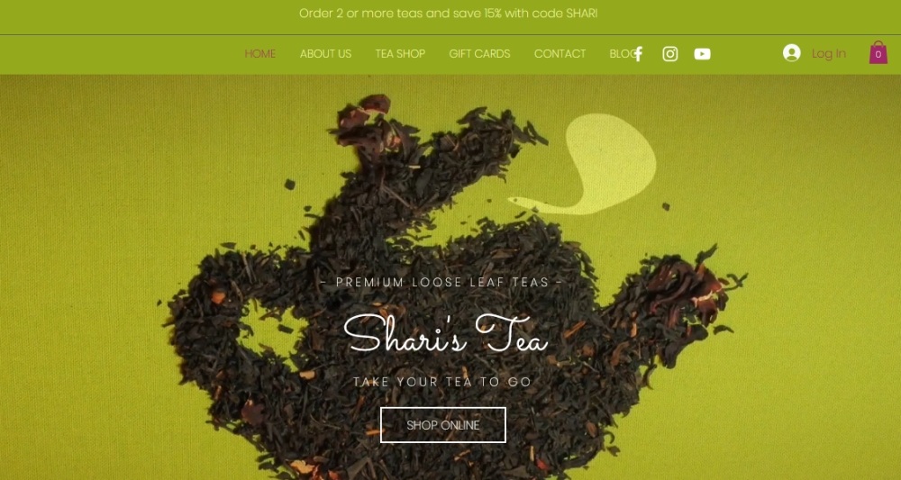 Shari's Tea homepage screenshot