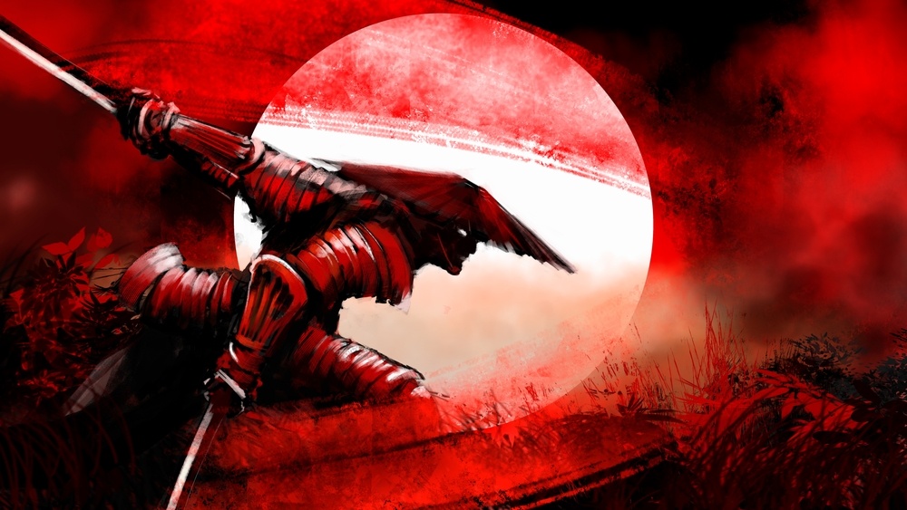 red evil samurai in night sky with moon in background